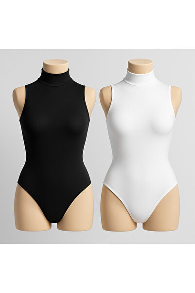 ROZELT Women's Cotton Sleeveless High Neck White-Black 2-Piece Snap-On Bodysuit