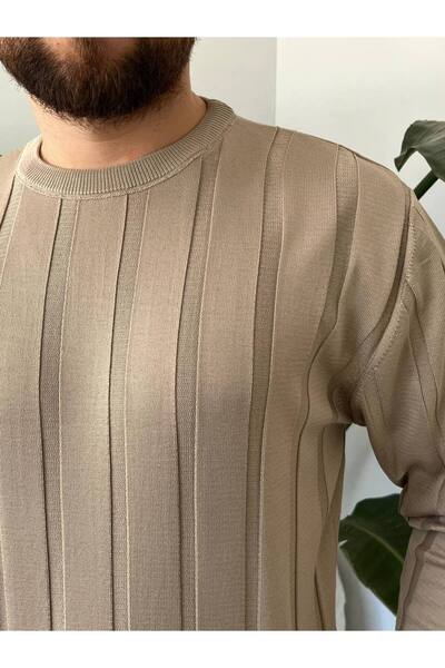 Gambocci Men's Crew Neck Half Oversize Wide Self-Striped Knitwear Sweater