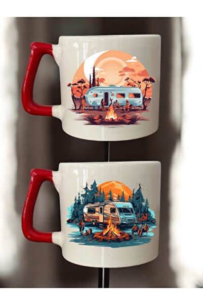 lili hediyelik Camping Caravan Drawing Printed Set of 2 Coffee Cups Ceramic Mug - Ceramic Tea, Coffee Gift Cup