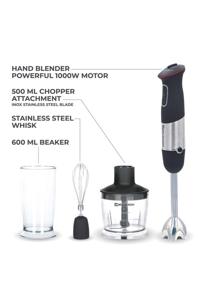 Muller Koch 4-in-1 Hand Blender 1000W Variable Speed Control, Includes Chopper, Blender, and Whisk, MK-6053
