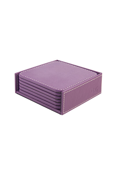 2K Coasters, Set of 6, Desktop Square Cup Coaster, Vegan Faux Leather, 11X11 Cm., Lilac