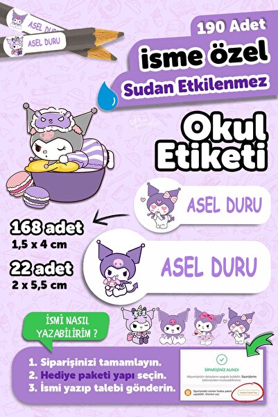 MSticker Okul Etiketi Kalem Defter isimli Etiket Isim Yazılabilen Kuromi 2 - ...