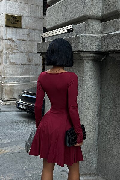 JE-TU Kare Yaka Uzun Kollu Mini Elbise JT9044