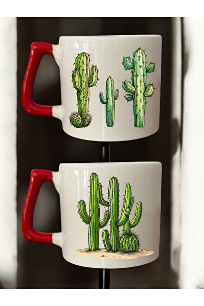 lili hediyelik طقم من كوبين للقهوة مطبوع عليه صبار - أكواب سيراميك للشاي والق...