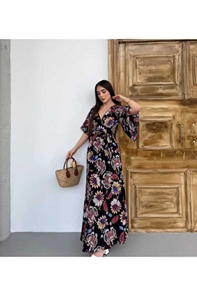 diloş butik Zambak Desen Kruvaze Yaka Kuşaklı Elbise
