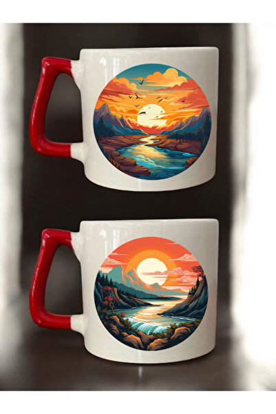 lili hediyelik طقم من كوبين للقهوة مطبوع عليه تصميم الطبيعة - أكواب سيراميك ل...