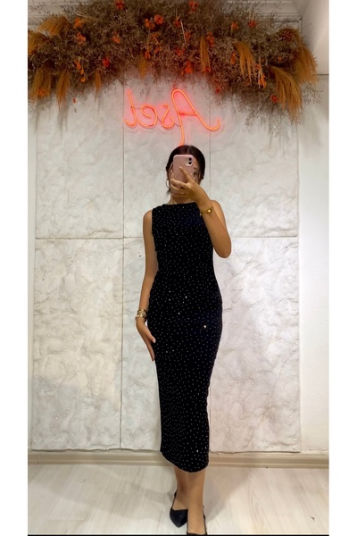 ASEL alamode Kadın Taşlı Drapeli Kolsuz Elbise Siyah