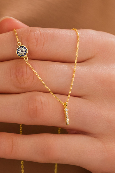 ZAHAP GOLD Nazar Detaylı 925 Gümüş Kişiye Özel Harf Kolye - İ