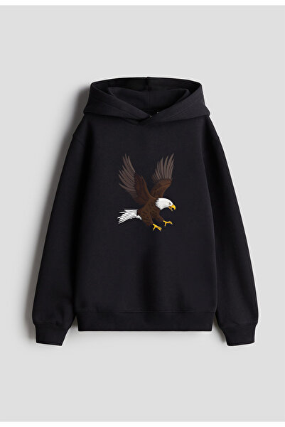 MODA Hanorac Eagle cu imprimeu pentru femei, bărbați, copii, negru cu glugă S...