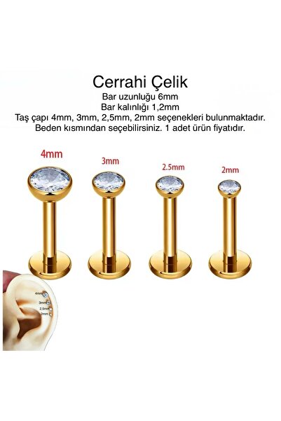 Bylin 316L CERRAHİ ÇELİK ÇERÇEVELİ ZİRKON TAŞLI DUDAK PIERCING/KULAK PİERCİNG -BAR UZUNLUĞU 6MM-1 adet