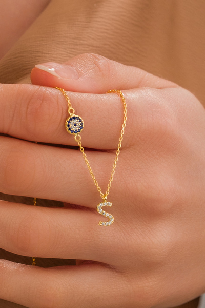 ZAHAP GOLD Nazar Detaylı 925 Gümüş Kişiye Özel Harf Kolye - S Harfli Kolye