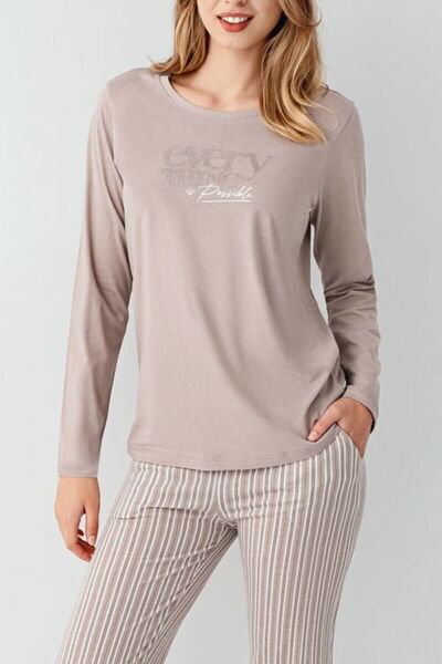 Arnetta Women's Pajama Set, 100% Cotton, Printed & Striped, Crew Neck, Long Sleeve, with Pockets, Coffee