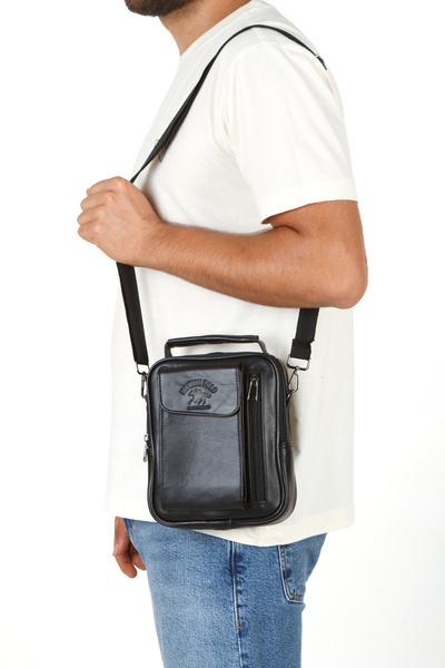 Newish Adelina Men's Black Genuine Leather Hand and Shoulder Bag with Steel Case and Phone Compartment