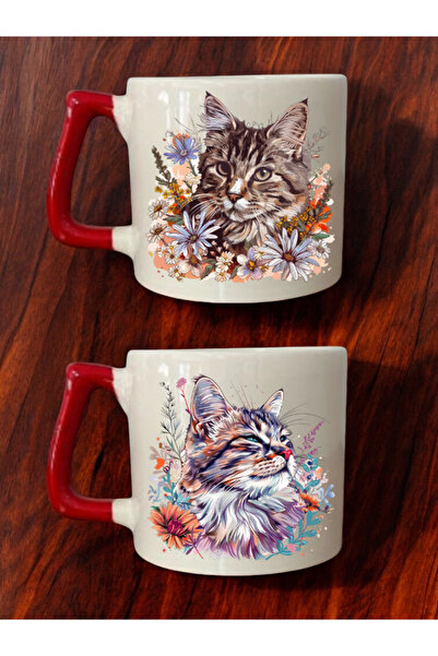 lili hediyelik طقم من كوبين للقهوة مطبوع عليه قطة مع زهور - أكواب سيراميك للش...
