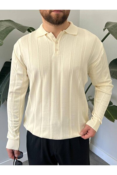 Gambocci Men's Polo Neck Half Oversize Wide Self-Buttoned Long Sleeve Knit Sweater