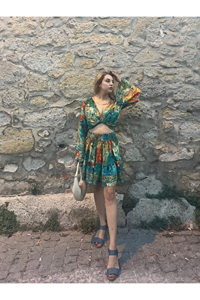 Çeşme Home Green Patterned Elastic Waist Silk Mini Skirt