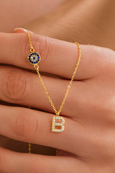 ZAHAP GOLD Nazar Detaylı 925 Gümüş Kişiye Özel Harf Kolye - B Harfli Kolye