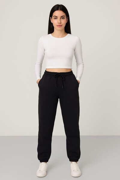 Pemilo Women's 3 Thread Pocket Bottom Sweatpants Black