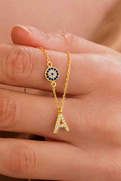 ZAHAP GOLD Nazar Detaylı 925 Gümüş Kişiye Özel Harf Kolye - A Harfli Kolye