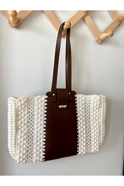 örgücü teyze Leather Tote Bag with Knit Detail
