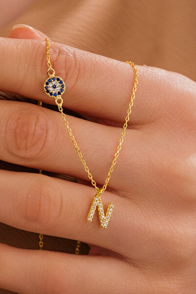 ZAHAP GOLD Nazar Detaylı 925 Gümüş Kişiye Özel Harf Kolye - N Harfli Kolye