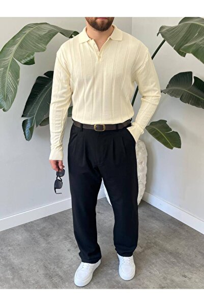 Gambocci Men's Polo Neck Half Oversize Wide Self-Buttoned Long Sleeve Knit Sweater