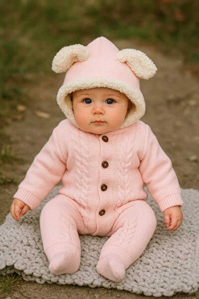 Renata's Unisex Girl Boy Baby Bunny Ear Hooded Knitwear Knitted Inside Welsoft Winter Romper