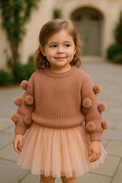 meriç bebe - bütün çocuklar melektir. mrc Girl's Oversized Knit Sweater – Seamless, with Pom-Pom Detail, 2-7 Years Old, Domestic Production