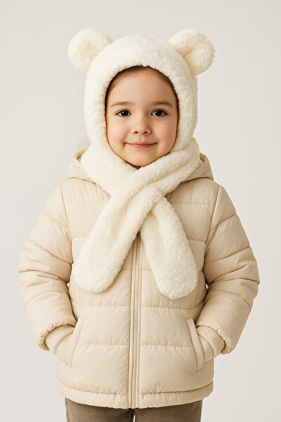 ESES BEBE Bebek & Çocuk Kışlık Kulaklı Welsoft Peluş Bere Atkı Takımı (Yumuşacık Krem)
