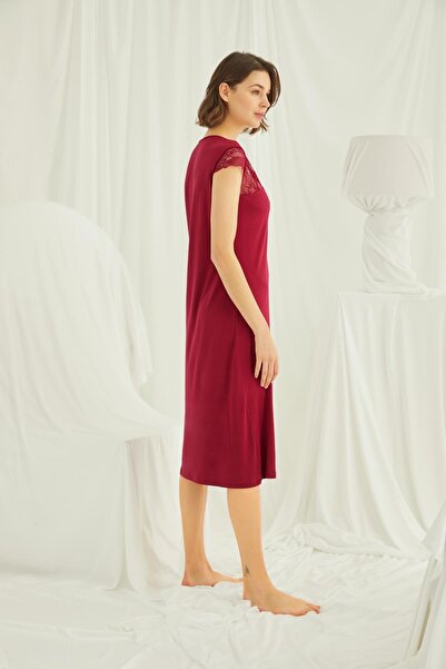 MONAMİSE Women's red nightgown with lace trim at sleeves, shoulders, and neckline, button-up front.