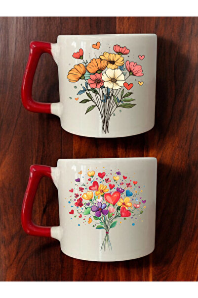 lili hediyelik Flowers Hearts Printed 2-Piece Coffee Cup Ceramic Mug - Ceramic Tea, Coffee Gift Cup