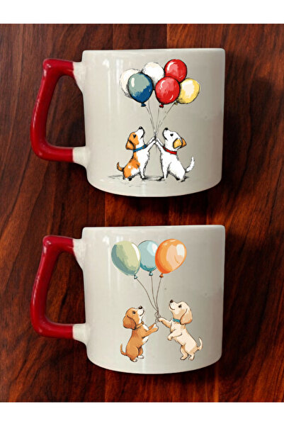 lili hediyelik طقم من كوبين للقهوة مطبوع عليه كلب مع بالون - أكواب سيراميك لل...