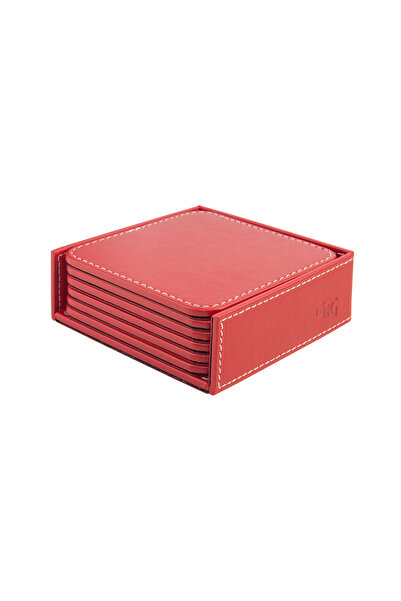2K Coasters, Set of 6, Desktop Square Cup Coaster, Vegan Faux Leather, 11X11 Cm., Red
