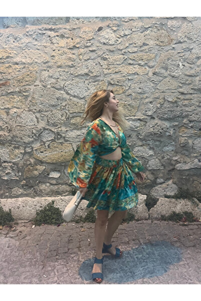 Çeşme Home Green Patterned Elastic Waist Silk Mini Skirt