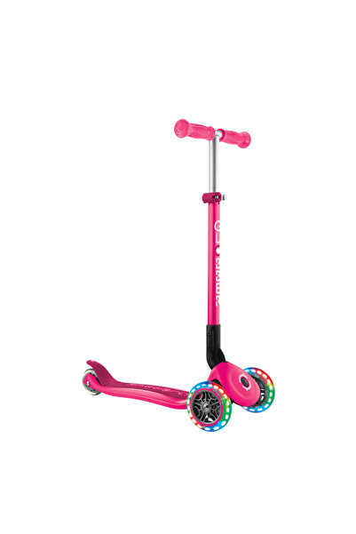 Globber Primo Adjustable Kids 3 Wheel Scooter with LED Lights – Foldable Kick Scooter – Neon Pink