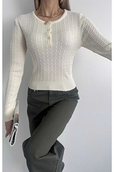 yeditepe fashion Open Neck Knitted Purry Knitwear Blouse