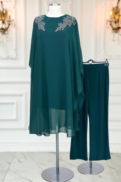 Genel Markalar Tesettür Takım Abiye Elbise Büyük Beden Tesettür Takım Derin Sandy Şifon Kumaş Büyük Beden