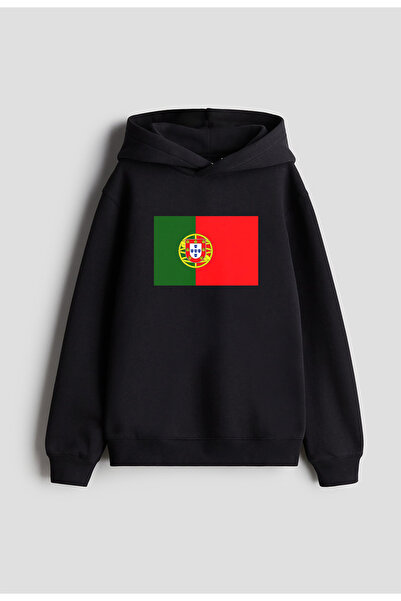 MODA هوديي بقلنسوة أسود مطبوع عليه علم البرتغال للنساء والرجال والأطفال