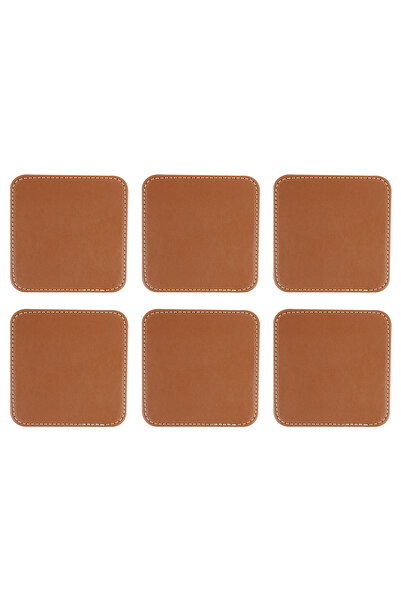 2K Coasters, Set of 6, Desktop Square Cup Coaster, Vegan Faux Leather, 11X11 Cm., Tan