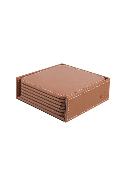 2K Coasters, Set of 6, Desktop Square Cup Coaster, Vegan Faux Leather, 11X11 Cm., Tan