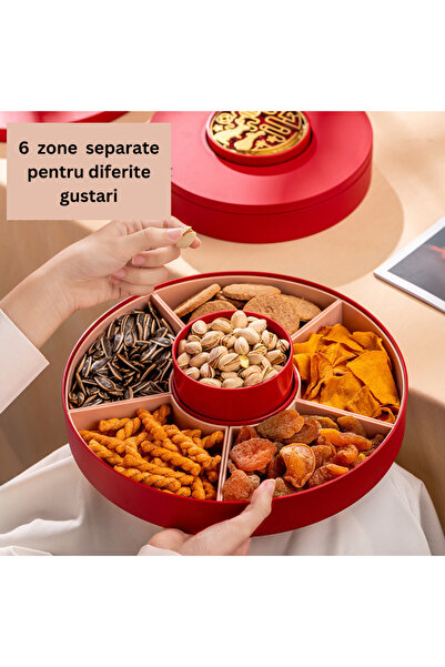 OEM Round Tray with 6 Compartments – Snacks, Dried Fruits & Sweets, Plastic, Red