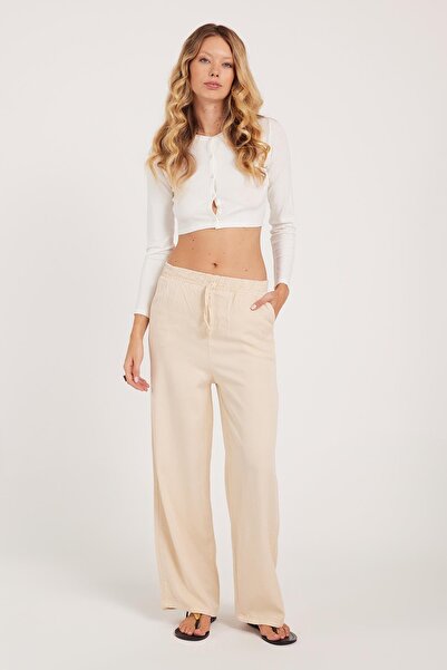 Tudors Kadın Regular Fit Klasik Kesim Pamuklu Geniş Paça Bej Pantolon