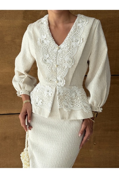 1Moda1Tarz Ειδικό σχέδιο μίντι φόρεμα με εισαγόμενο ύφασμα τουίντ με δαντέλα και επένδυση με πέτρες και κουμπιά