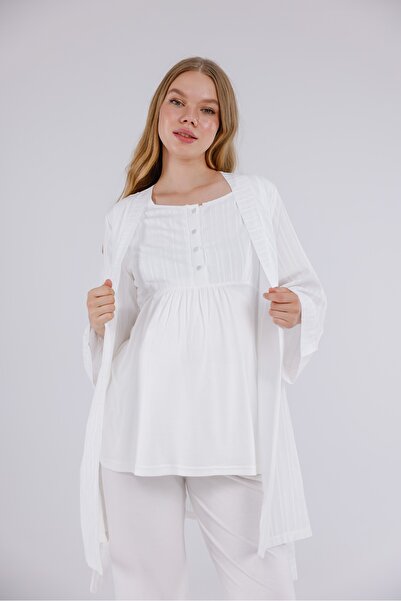 Yulem Homewear Ekru Çizgili Sabahlıklı Keten Pamuklu Hamile Lohusa Pijama Takımı