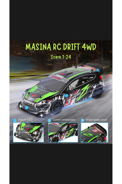 DrKala Remote Control Car, Ford Rally Model, RC Drift Car, 1:24, 2 Tire Sets, Green