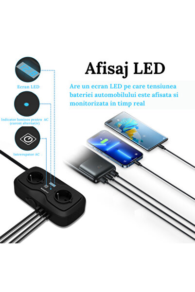 CUPROSMART Invertor de Tensiune Auto portabil 12V, 200w, Adaptor auto, 2x 220V AC Prize, 2xUSB 5V 3.6A,Negru