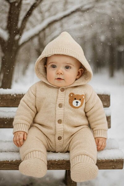 Renata's Unisex Girl Boy Hooded Cute Bear Detailed Knitwear Knitted Inside Welsoft Winter Jumpsuit