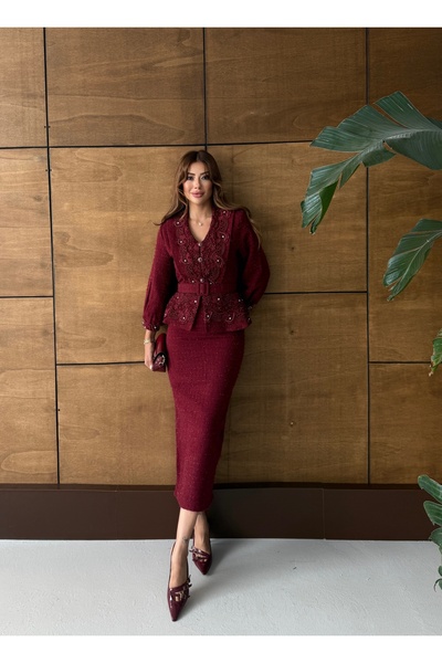 1Moda1Tarz Imported Tweed Fabric Lace Embroidered Lined Stone and Button Embroidered Lined Special Design Midi Dress