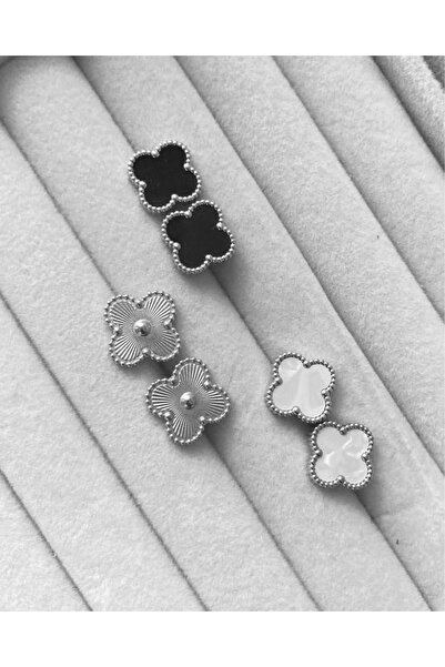 ANGELSS JEWELLERY Üçlü Küpe Kombin Yonca Model Siyah Beyaz Gümüş Küpe Seti Va...