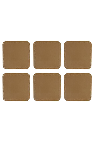 2K Coasters, Set of 6, Desktop Square Cup Coaster, Vegan Faux Leather, 11X11 Cm., Mink